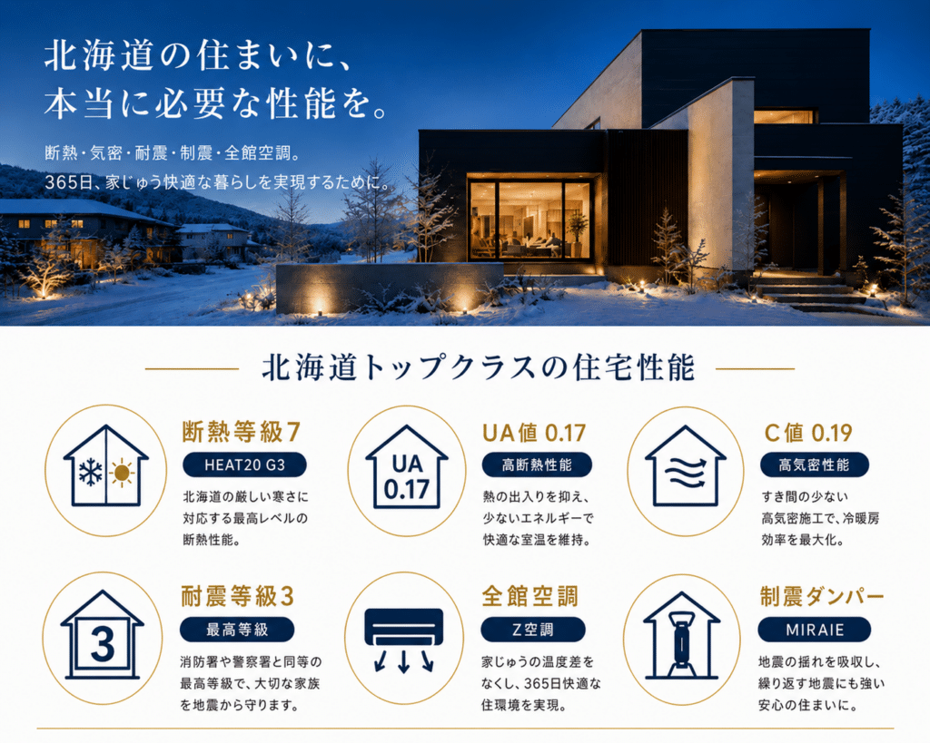 北海道の雪景色に建つ高性能住宅と、断熱等級7・UA値0.17・C値0.19・耐震等級3・全館空調・制震ダンパーの6つの住宅性能を紹介する画像