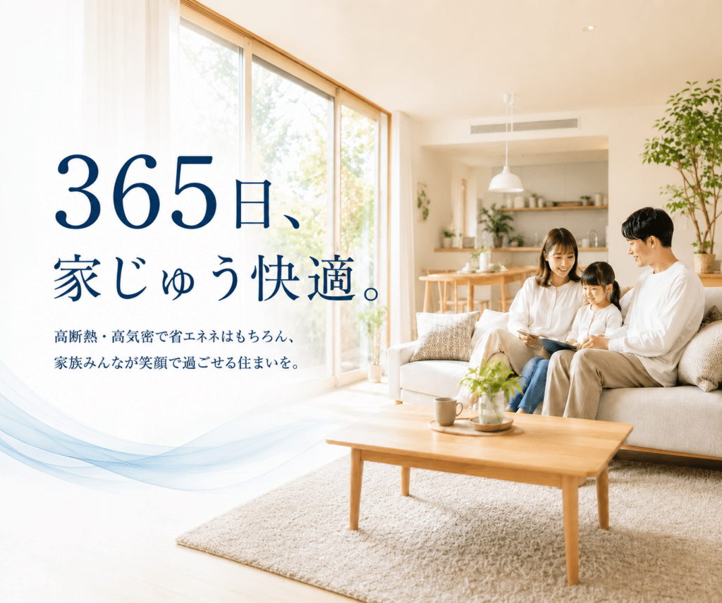 「高断熱・高気密な明るいリビングで、家族が快適に過ごす様子」
