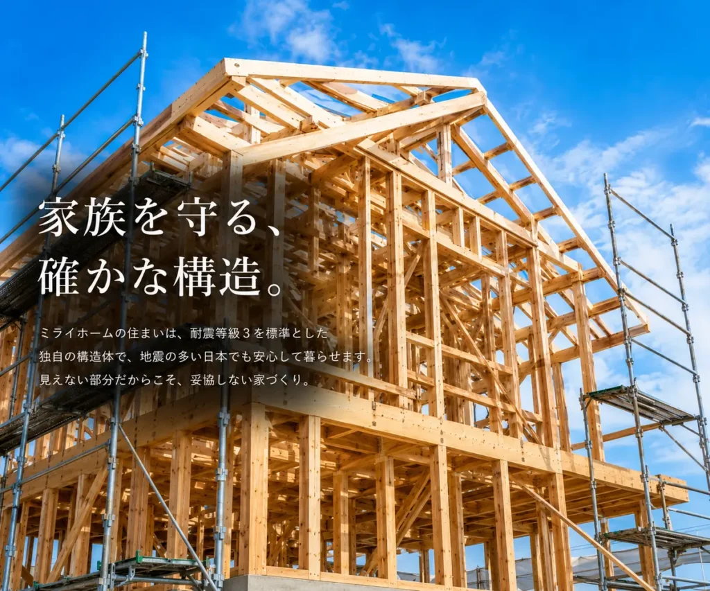 「耐震等級3の安心な住まいを支える、施工中の木造住宅の骨組み」
