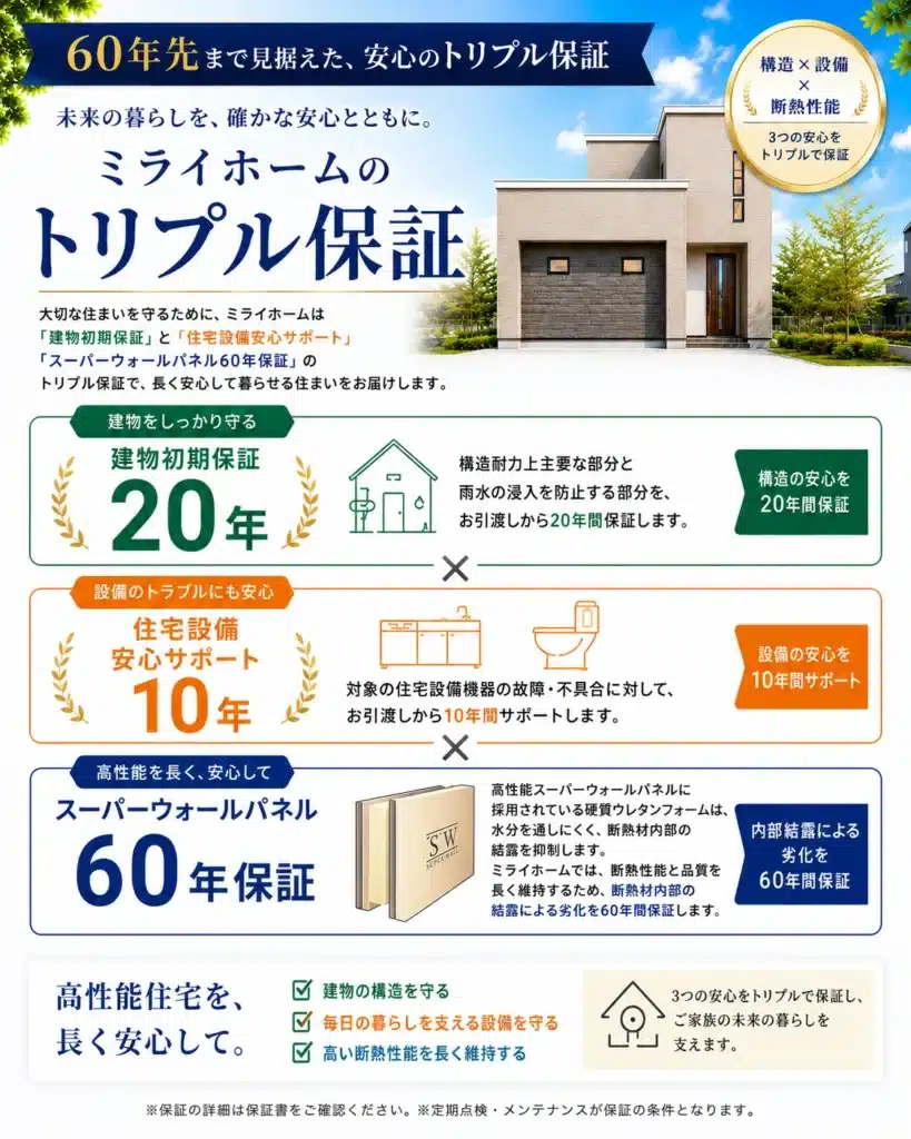 建物初期保証20年、住宅設備保証10年スーパーウォールパネル60年を示した長期保証サービス