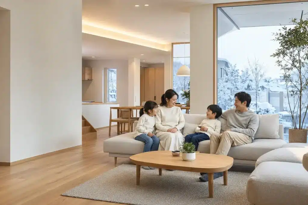 「雪景色を眺めながら暖かなリビングでくつろぐ家族」